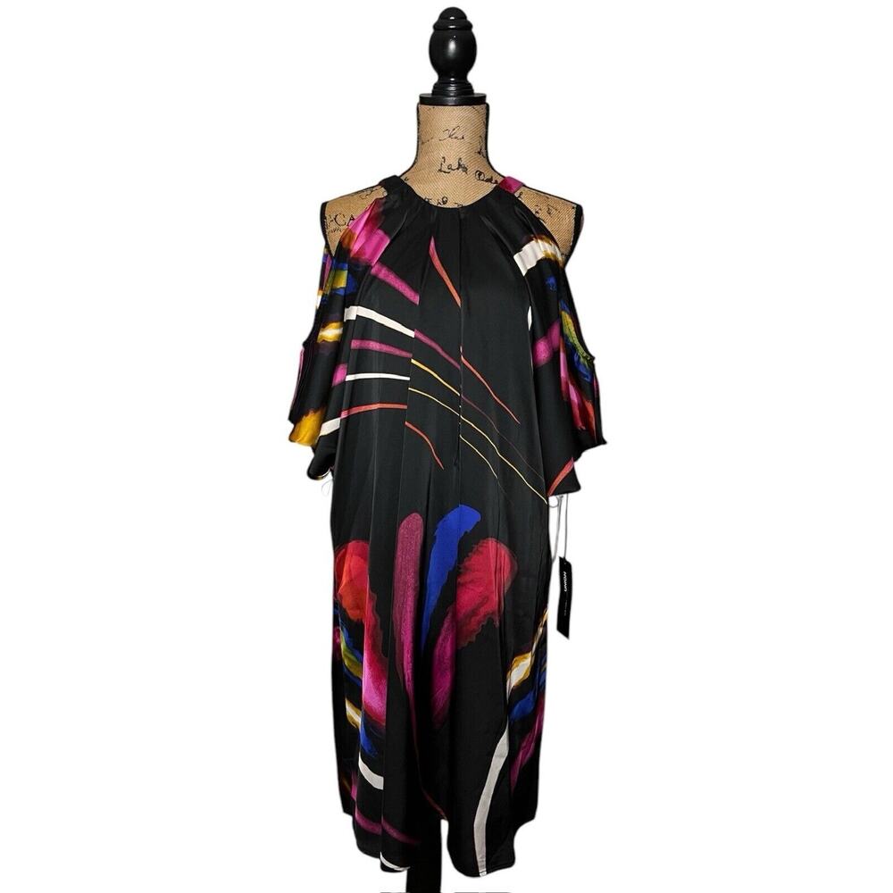 GABRIELLE UNION / NY&CO BLACK MULTI COLOR COLD SHOULDER SHIFT DRESS SMALL S NWT